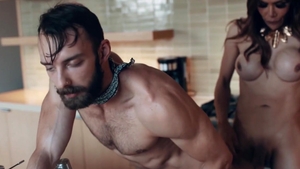 Trans Sensual - Chris Damned in a dress handjob in the kitchen