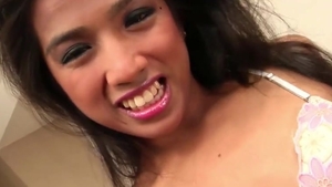 brunette Ladyboy In Colorful suit sucks big Load Out Of Her hairy dong